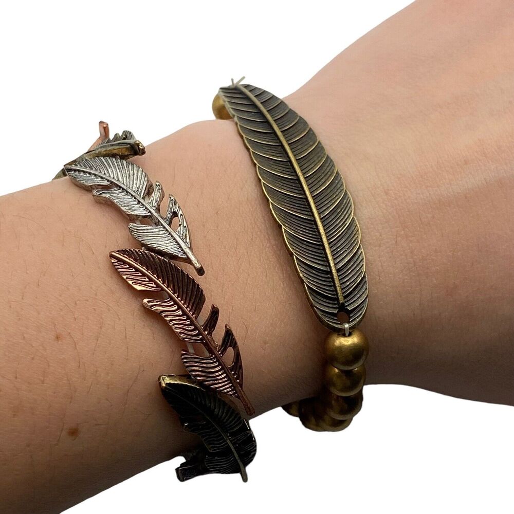 Feather Leleafaf Bracelets Set of Two Stretch Mixed Metallics Bohemian Western
